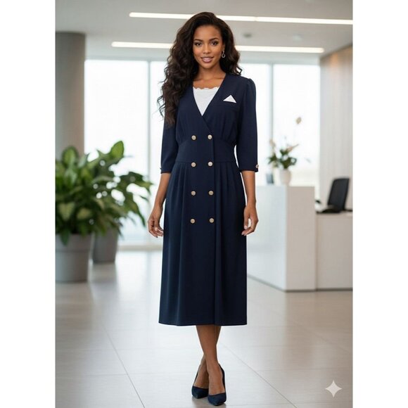 ILGWU Vtg Navy Blue Diner Dress Sz 12 Retro Structured Tailored Cinched Waist - Picture 1 of 6